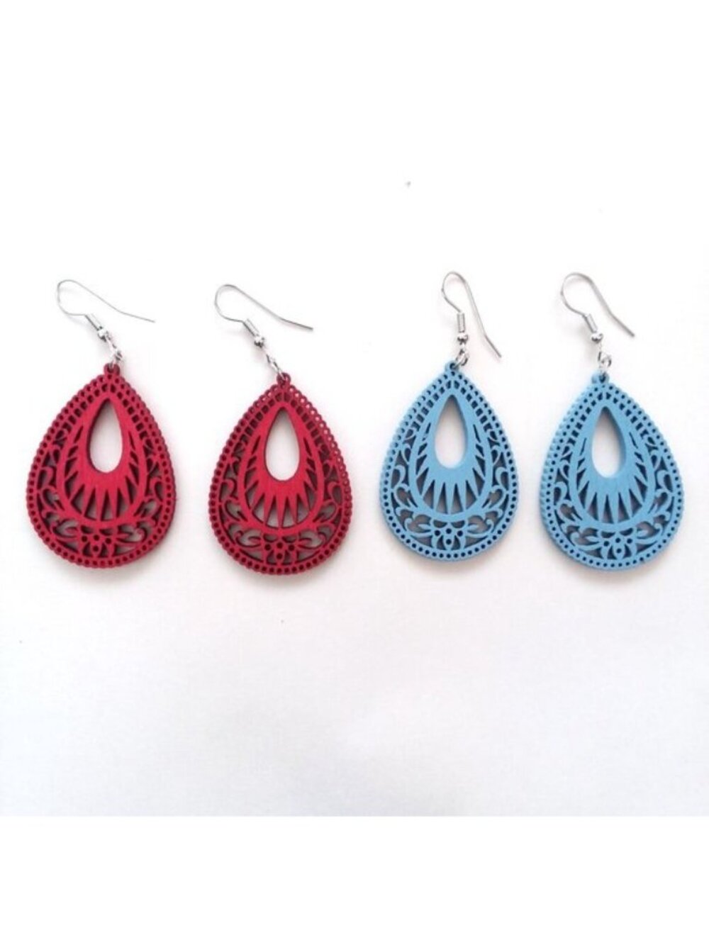 Ornate Earrings Wood 2pr Cut Out Dangle Boho Hindu Hippie Stylish Fashion Trendy